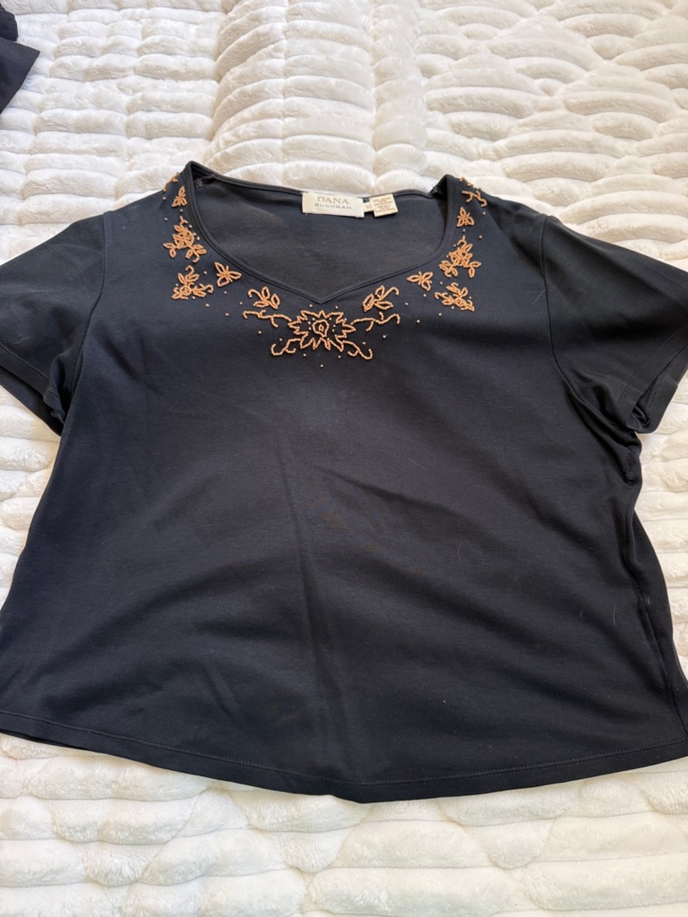Dana Buchman Black Short-Sleeve Top with Wood Embroidered V-Neck